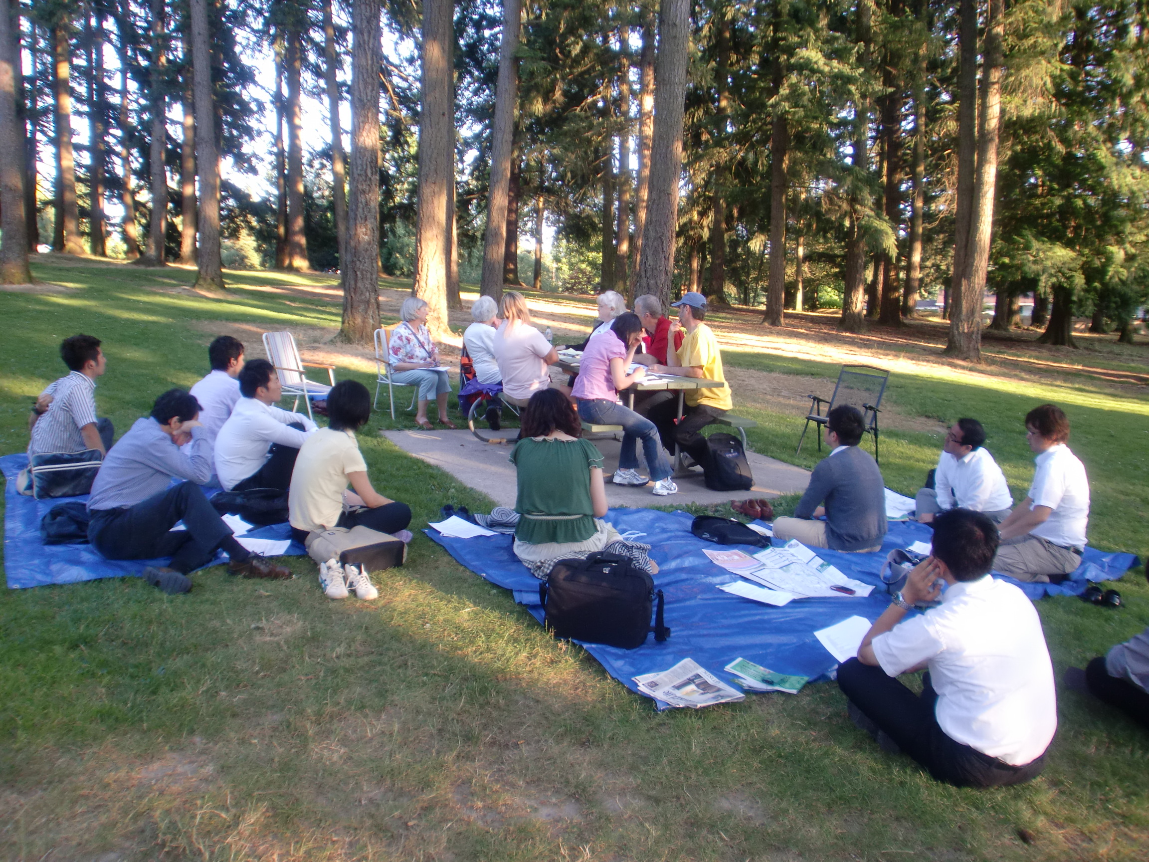 A neighborhood association meeting held in a local park. 